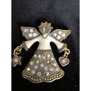 Vintage signed KC Enamel &  Rhinestone Angel With Charms Brooch Pin